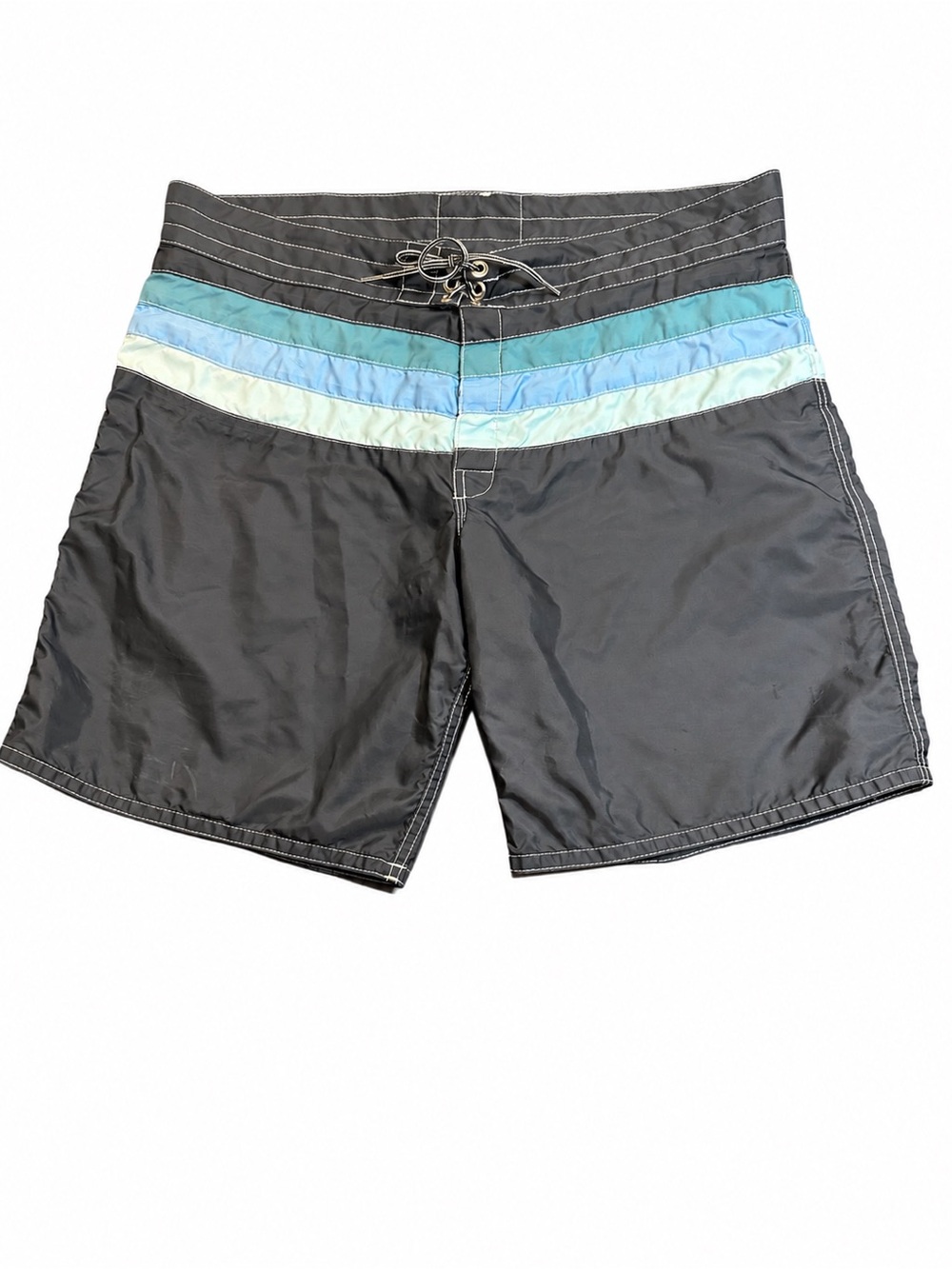 Birdwell Beach Britches Board Shorts Mens 38 Gray Blue Stripe Nylon Made USA